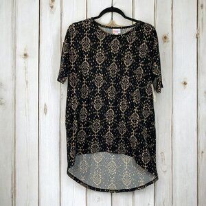 Lularoe Irma Half Sleeve Tunic High Low Cotton Blend Sz XXS Black Beige Print